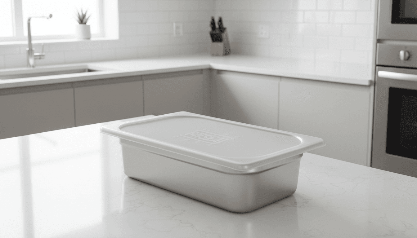 Silicone lid placed on a steel container in a modern kitchen